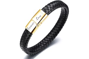 HALUKAKAH Enfants ● Solo Junior ● Garçons Bracelet en Cuir Véritable Noir/Marron Classique 6-12 Ans. Fermoir Magnétique en Titane Acier D'or/Argent/Noir 7"-7.7"(18-19.5cm) avec Le Boîte-Cadeau