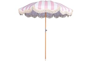 Mansader 2M Boho Beach Umbrella with Fringe, UPF 50+ Tassel Umbrellas with Carry Bag, Premium Wood Pole Foldable Patio Umbrella for Outdoor Garden Lawn Pool Yard Table