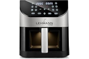 ‎LEHMANN LEHMANN Heißluftfritteuse 6L mit Sichtfenster, 1500 W, Air Fryer mit 12 Programmen, Temperaturkontrolle 76-200°C, Timer, LED-Touchdisplay, Fritteuse ohne Fett für Grillen, Backen und Frittieren