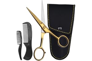 Ontaki 5" Forbici professionali tedesche per barba e baffi con 2 pettini e custodia da trasporto per uomo - Lama smussata per una maggiore precisione (Ottone dorato)