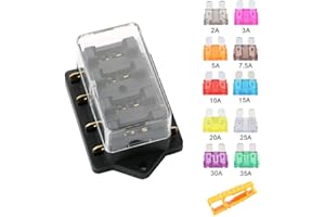 Aiqeer 4 Voies Boîte à Fusibles de Voiture, 12V / 24V / 32V / 48V Porte-Fusible à Lame Standard Universel, avec Couverture Étanche et 10 Pièces Fusibles à Lame, pour Voiture Camion Bateau Marine