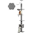 PAWZ Road Cat Tree Floor to Ceiling with Height Adjustable 216cm to 273cm, Cat Tower with Spacious Activity Space, Hammock and Cat Condo, Anti-Fall Belt, 5 Tiers Grey