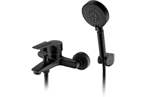 Auralum czarna wanna z prysznicem ręcznym 5 strumieniem, bateria prysznicowa z uchwytem i elastycznym 1,5 m, mosiężny kran prysznicowy do łazienki