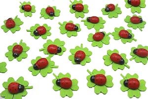Super Idee - 50 quadrifogli in feltro con coccinelle portafortuna, autoadesivi, per abbellire regali, biglietti, lettere, segnaposto, fiori, invito e decorazioni