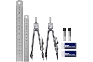 Compass Geometry,Yueser 2 Set Compass Precision Metal Compass Drawing Compass with 15/20cm Stainless Steel Ruler and 2 White 2B Eraser Drawing Tool for School Wood Working Home Maths Drawing Drafting