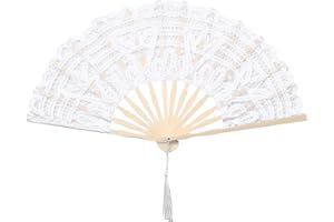 BABEYOND Cotton Lace Folding Handheld Fan Embroidered Bridal Hand Fan with Bamboo Staves for Wedding Decoration Dancing Party (White)