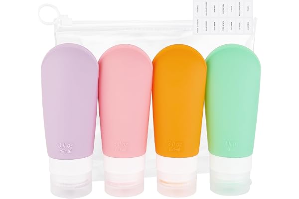 AiQInu Flacon Voyage Silicone 90ml, 4 Pièces Étanches Bouteille Vide Flacon Voyage Avion pour Huile Solaire, Shampooing, Lotion, Gel Douche Crème,Sans BPA