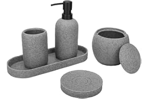 AKSIPO Grey Resin Bathroom Accessory Set, 5 Pcs Bathroom Accessories Set with Lotion Dispenser,Soap Dish,Toothbrush Holder,Vanity Tray,Qtip Holder Dispenser, Modern Bathroom Decor and Housewarming Gift Set