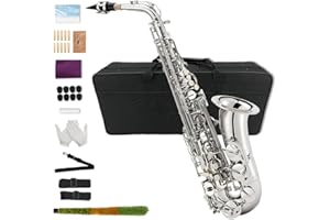 Yinfente Eb Flat Saxophone with 10 Reeds 8 Pads Hard Case and More for Students, Beginners, Adults, Alto Saxophone, Saxophone Set (Silver)