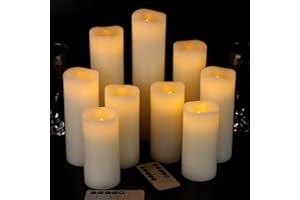 VETOUR Flameless LED Electric Candles: 9PCS Battery Operated Fake Candle H5 6" 7" 8" 9" D2.2 Real Wax Pillar Flickering Electric Candles with Remotes and Timer for Chris Halloween Decor