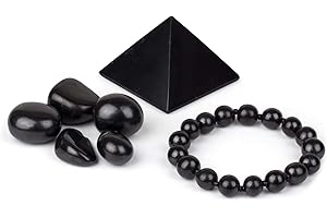 Heka Naturals Piramide di Shungite Lucidata (5 cm), Bracciale Elastico e Pietre Burattate | Decorazioni per la Casa, Purificazione dell'acqua, Disintossicazione, Gioielli Chakra