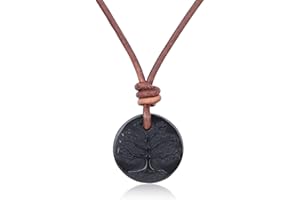 COAI Collier Cuir Homme/Femme, Pendentif Obsidienne Noire, Pendentif Arbre de Vie
