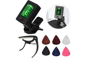 TLIDFGEO Guitar Tuner with Guitar Capo and 6 Picks, Guitar Tuner Clip On Digital Tuners for Acoustic Guitar, Bass, Ukulele