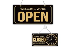 PLIGREAT Black Gold Minimalist Open Closed Sign, Business Hours Hanging Plaque, 30cm x 30cm, Brass, Wall Mount, Door Mount, 1 Count