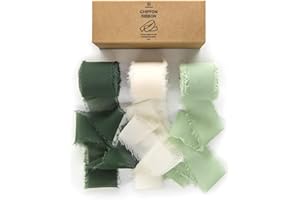 Vitalizart Chiffon Silky Ribbon 3 Rolls 1.5'' x 7 Yd Green & Cream, 1.5'' x 21 Yd Sage Green Ribbons Handmade Fringe for Wedding Invitations, Bridal Bouquets, Gift Wrapping, Holiday Decoration
