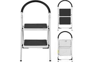 RELAX4LIFE Escabeau à 2 Marches Pliable en Fer avec Structure Stable, Marchepied Pliante avec Poignée, Échelle Multi-Usage pour Ménage, Bureau, Capacité de 150 kg (2 Marches)