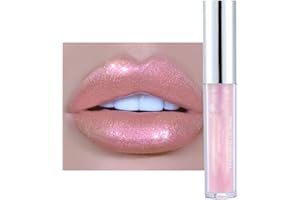 GEEWHILE Lip Gloss Metallic Lipstick Pink Glitter Lip Gloss Non-Stick Cup Pink Liquid Lipstick Long-Lasting Lip Gloss, Pink Liquid Lipgloss for Shiny And Sparkle (#07)