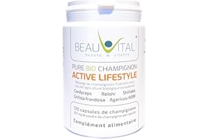 BEAUVITAL Pure Bio Active Lifestyle 120 gélules, chacune 500 mg de Cordyceps, Reishi, Shiitake, Grifola, Agaricus de l'agriculture biologique de l'UE, végétalien