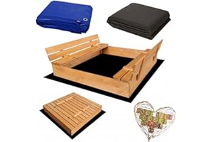 SUNWOOD Sandkasten Imprägniert aus Holz Sandbox mit Abdeckung Sitzbänken Deckel Plane Sandkiste