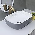SEA SHORE Premium Designer Table Top Ceramic Wash Basin For Living Room/Countertop Vessel Sink with Slim Rim for Bathroom (46.5x32.5x13 CM, Grey & White)