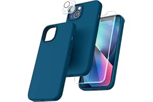 TOCOL 5 in 1 for iPhone 13 Case 6.1 Inch, with 2 Pack Tempered Screen Protector + 2 Pack Camera Lens Protector, Liquid Silicone Slim Shockproof Cover [Anti-Scratch] [Drop Protection], Midnight Blue