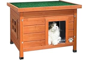VOUNOT® Casa para Gatos de Madera con Techo Asfáltico, Cabaña Mascotas Caseta Pequeña de Gatos con Ventana y Puerta 57x45x43cm
