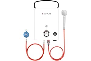 CAMPLUX First Chauffe-Eau à Gaz 5 L/min avec Poignée Réglable, LPG, 50mbar, pour Douche Extérieure/Camping/Caravaning, F5-DE