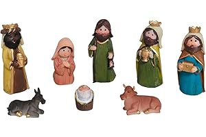 AC - Set de 8 Figuras de Belén Infantil - Estilo Naïf - Resina - José, María, niño Jesús, Reyes Magos, Buey y Mula - Decoración, Pesebre, Navidad - 9 cm