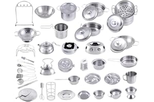 NIDONE Ensemble de 16 Jouets de Cuisine en Acier Inoxydable pour Enfants, Filles, garçons, Jeunes Enfants, Accessoires pour Maison de poupée.