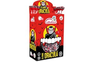 Caramelos Cerdán - Caramelo con Palo El Conde Drácula Sabor Cereza | Estuche de 200 Unidades | Caramelo Duro Relleno de Chicle Sin Gluten ni Alérgenos | Ideal para Fiestas y Cumpleaños