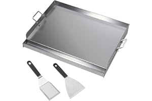 CAVATINY Plancha de Acero Inoxidable Universal 54 x 41 x 8 cm | Para Barbacoa Weber de Gas y Carbón | Con Espátula y Juego de Rascador
