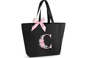 Vavabox A-Z Initial Personalized Tote Bag,Waterproof Gifts for Women, Bridesmaids,Mom,Teachers,Friends (C, Black)
