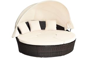 COSTWAY Rattan wyspa słoneczna ze składanym dachem przeciwsłonecznym, zestaw wypoczynkowy z polirattanu, w zestawie poduszki i stolik kawowy z regulacją wysokości 192 x 177 x 146 cm