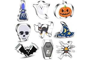 ADETEU Formine Biscotti Halloween, Set 9 Pezzi Stampi in Acciaio Inox – Zucca, Pipistrello, Fantasma, Strega, Gatto, Ragno, Scheletro, Caramella – Tagliabiscotti per Dolci e Festa di Halloween