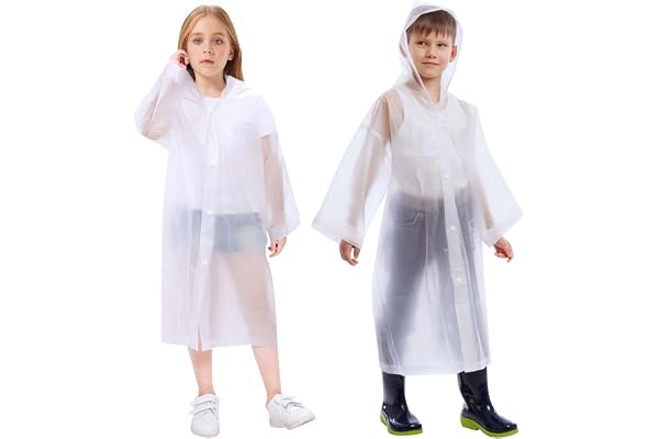 Vicloon Regnrock för barn 2 st återanvändbara regnlager vattentät EVA regnponcho med huva tjock höjd pojke flicka mellan 120–150 cm för resor, vandring, camping och utomhus, 2 st. vit, 120-150