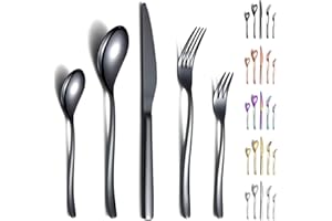 Berglander Juego de cubiertos negros de 30 piezas, resistentes tenedores y cucharas de acero inoxidable chapado en titanio negro a prueba de óxido, apto para lavavajillas