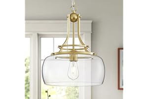 ‎WUZUPS WUZUPS Kronleuchter rustikales Bauernhaus industrielle runde Deckenpendel LED-Leuchte mit Klarglasschirmen für Esszimmer Küche Insel Foyer Eingang, H 43 x B 34, E27 Sockel, Gold