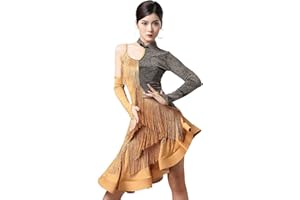 kzytamz Damen Fransen Latein Tanzkleider Hoher Kragen Latein Turnierkleid Ballsaal Salsa Samba Cha Cha Rock mit abfallendem Saum Walzer Performance Kleid Foxtrot Praxisrock