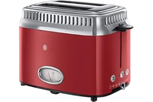 Russell Hobbs Grille Pain [Design Vintage Premium] Retro rouge (2 Tranches, 6 niveaux de brunnissage rapide, Fonction annulation, décongélation & réchauffage Viennoiserie, 1300W) Toaster 21680-56