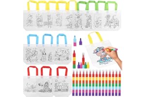 ERSHIPING 18 Pcs Bolsas para Colorear, Bolsas de Tela para Pintar, Bolsa de Graffiti para Infantiles con 15 Pcs Ceras de Colores para Niños Apilables (7 Colores en 1) para Manualidades Fiesta de Cumpleaños