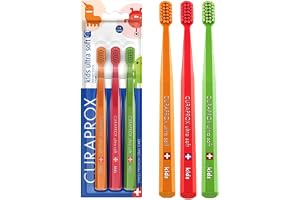 Curaprox Kids Soft Toothbrush Pack of 3, Orange Red Green | Kids Toothbrush Age 4 to 12 Soft Bristles for Gentle Plaque Removal and Cavity Protection, Easy-Grip Handle, Compact Head