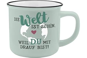 GRUSS & CO Becher Motiv "Welt" | New Bone China Porzellan, Emaille-Optik, 35 cl | Tasse mit Spruch | 45775
