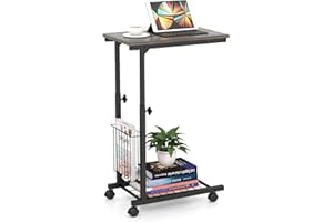 COSTWAY Stolik pomocniczy na kółkach, stolik do laptopa z regulacją wysokości, z koszem do przechowywania, stolik kawowy w kształcie litery C, industrialny, metalowa rama, 50 x 30 x 80 cm (szary)