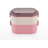 Promosyonca 2 Katlı Taşınabilir Yemek Kabı, Lunch Box, Diyet Beslenme Kutusu, &Ccedil;atal Kaşık Dahil, 11.5 x 21 x 11.5 cm (Pembe-K