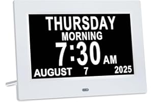 Golony 7-inch Large Dementia Alarm Clock. Displays month, day and time. Large-digit alarm clock. 12 alarm groups. Auto-dimming. Suitable for elderly use. White.