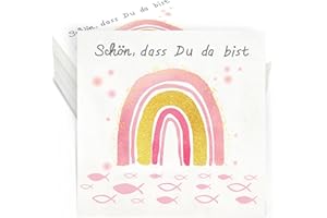 PAPU Pack of 40 Christening Napkins Rainbow Fish Pink Napkins Fish with 'Schön Dass Du Da Bist' Napkins Communion Girls 3-Ply for First Communion Confirmation Decoration Christening Table Decoration Baby