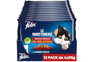 FELIX Le Ghiottonerie - Cibo Umido Gatto Adulto, Bocconcini in Gelatina con Manzo e Pollo. 48 Buste da 85 g