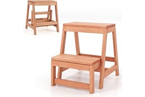 FANTASK Sgabello pieghevole a 2 gradini, in legno di abete rosso, portata fino a 250 kg, scala domestica naturale, per giardino, 50 x 39 x 45 cm