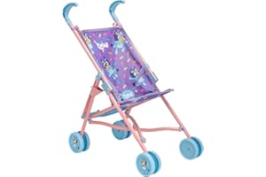 HTI Passeggino per bambole Bluey Junior | Bambole giocattolo con passeggino | Passeggino per bambole | Passeggino giocattolo per bambini Bluey, facile da piegare, con ombrello | Passeggino per bambole