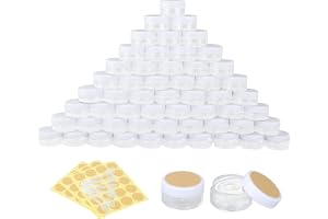 RVLZKCPG 60 stycken burkar, 5 ml krämburkar för fyllning, transparent burk, tomma krämburkar med skruvlock, små burkar med lock plast med spatlar klistermärken för krämer lotion läppbalsam
